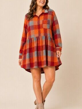 Marie Nicole Plaid Babydoll Tunic Dress Orange Red Women Large Fall Boho Flannel